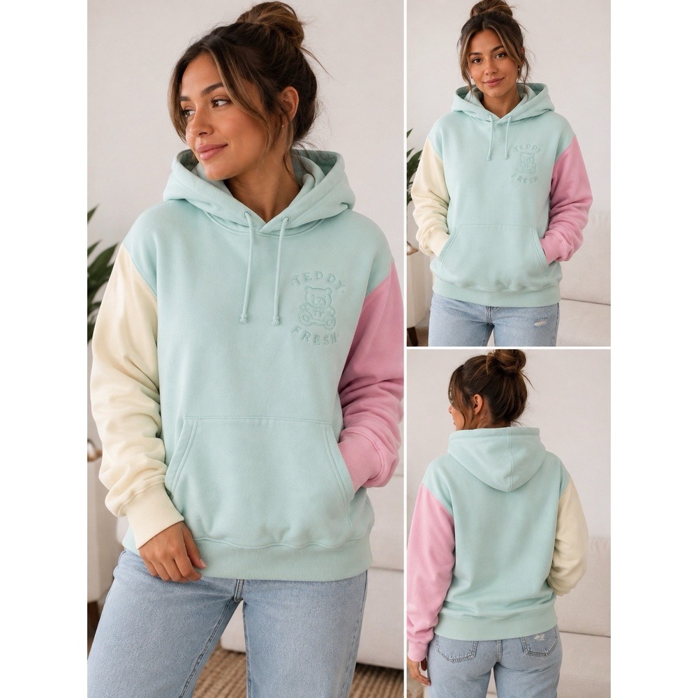 Teddy Fresh Color Block Hoodie XL Pastel Mint Pink Cream Embroidered Bear Logo